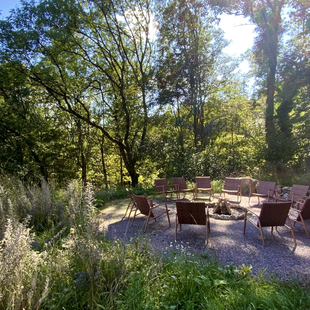 Chairs arranged in a circle around our fire pit, with the afternoon sun shining through the trees on the slope.