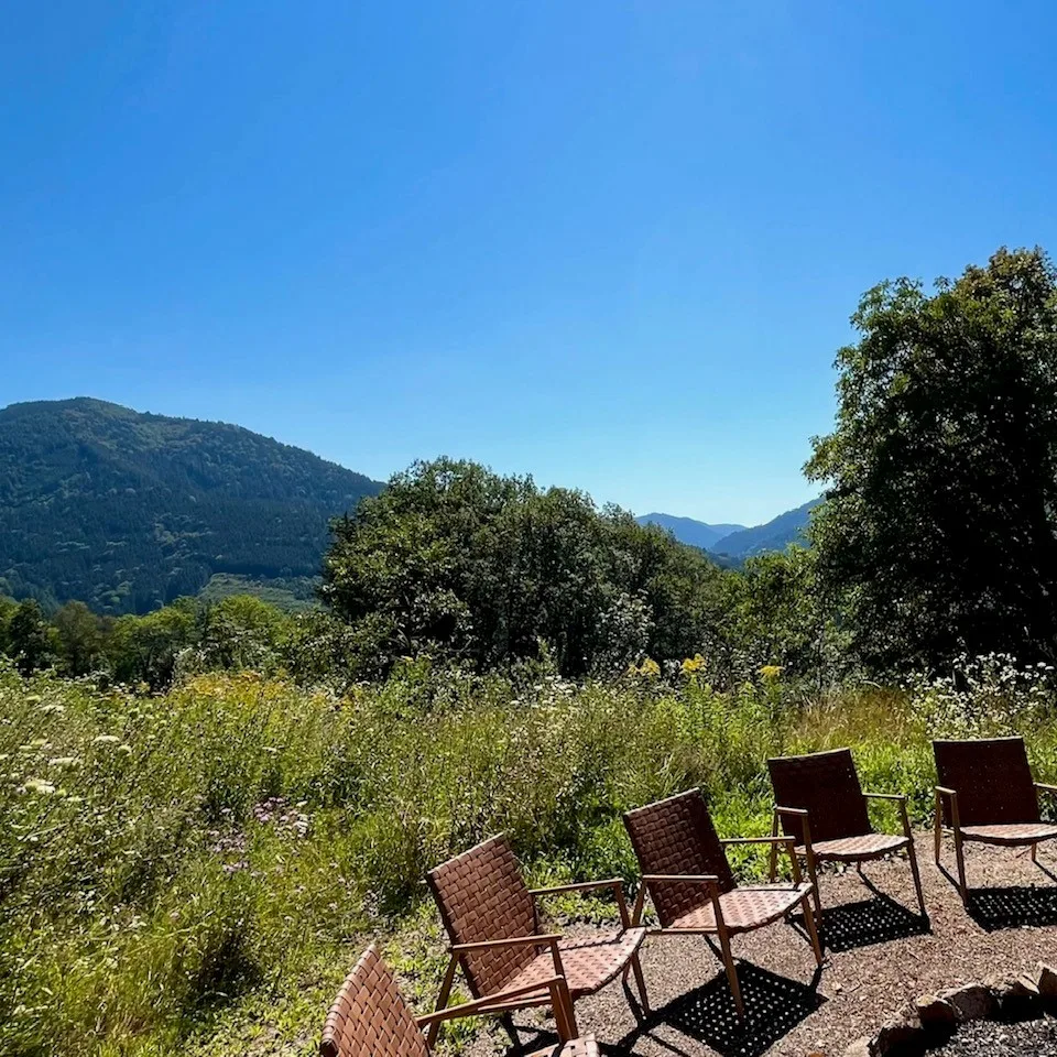 Chairs set in a circle around the fire pit, with a stunning mountain view and a clear blue sky overhead.