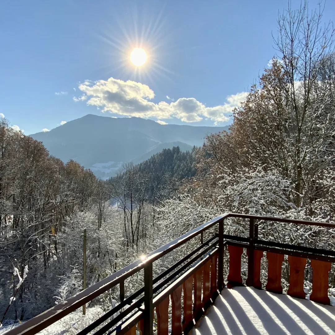 A winter scene with the sun shining in a blue sky, melting snow on the trees and mountains.